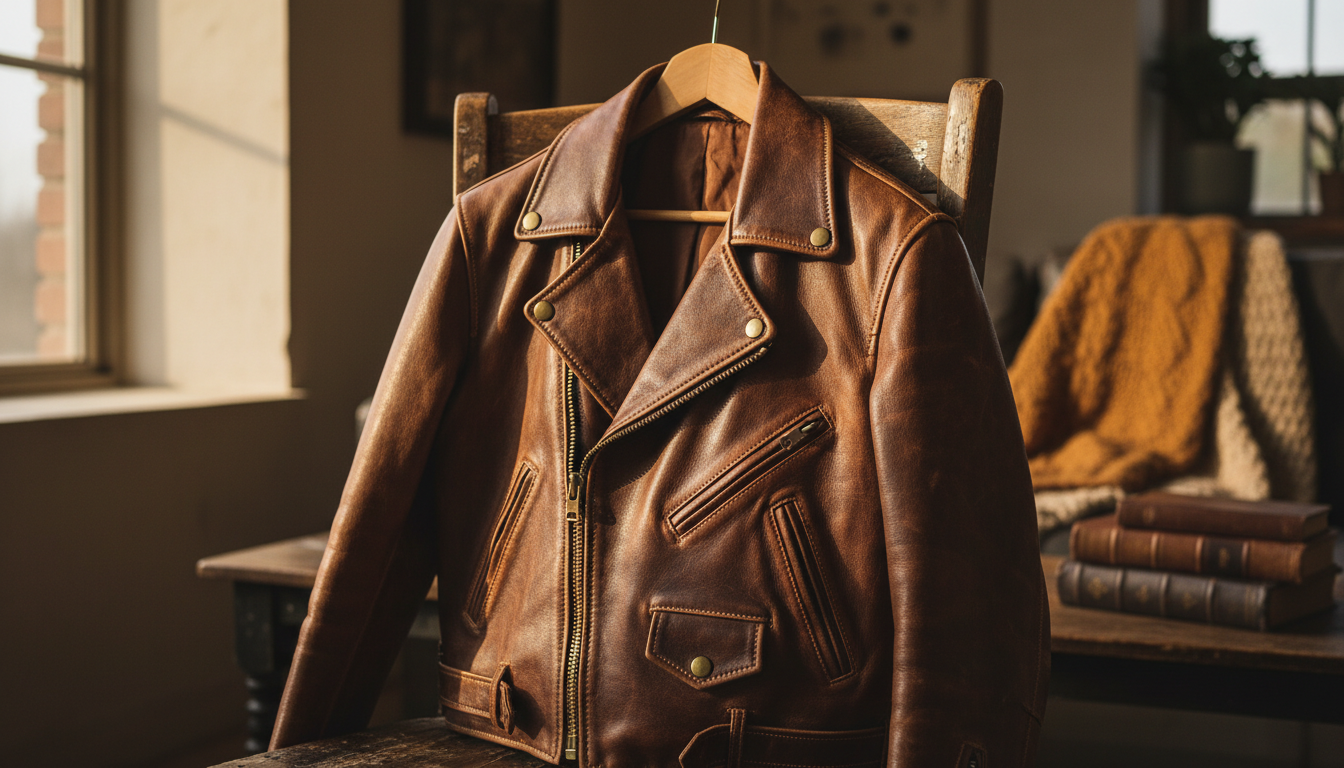Close-up of a classic biker jacket showing the asymmetrical zippers and wide lapels